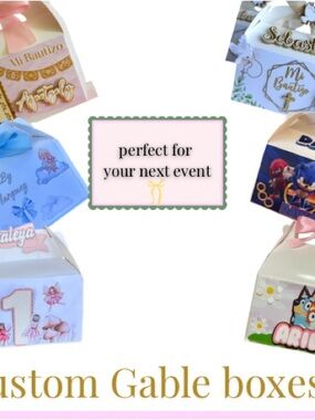 Custom Gable Party Favor Boxes - Pink, Blue, White12 ct